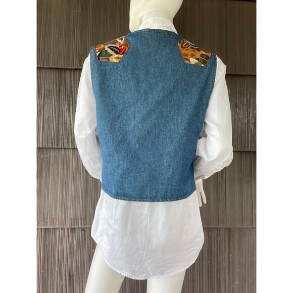 🔥VTG 90s Sunbelt Denim Vest Western Boho Ethnic Feathers print Patched Chains M - Picture 7 of 16